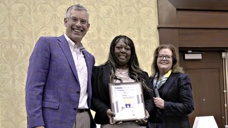 L to R: Chairman and CEO Ned Handy, Assistant Vice President and Mortgage Processing Manager Lytomya Weaver, and President and COO Mary Noons at Washington Trust’s 2025 “Employee Fest”.